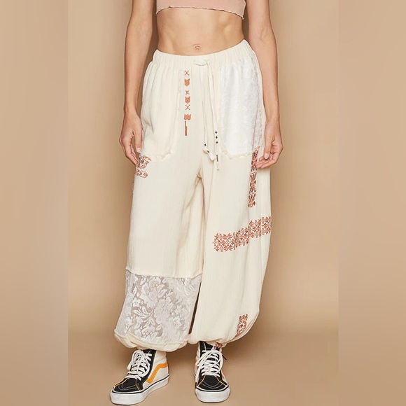 POL Pants - POL Cream Wide-Leg Pants with Rust Embroidery
